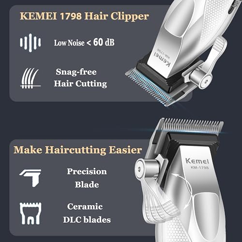 KEMEI 1798 Professional Hair Clippers for Men, 9100 RPM Cordless Barber Clippers with Full Metal Body, 3000 mAh Hair Trimmer with LED Display, Ceramic and DLC Blades
