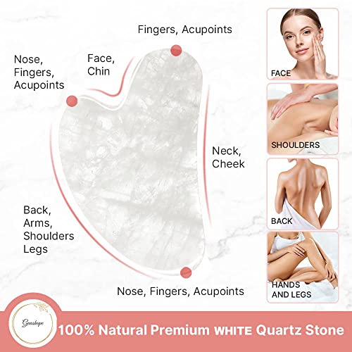 Natural White Quartz Gua Sha Facial Tools | Guasha Tool for Face Sculpting, Shaping, Reduce Puffiness, Tension Relief | Stone for Eyes, Face and Body