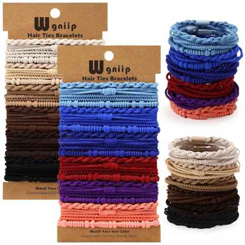 48 Pcs Boho Hair Ties for Women, 4 Styles Cute Hair Tie Bracelet for Thin and Thick Hair/Pony Tails, Green and Brown Hair Accessories for Women No Damage Hair Elastics