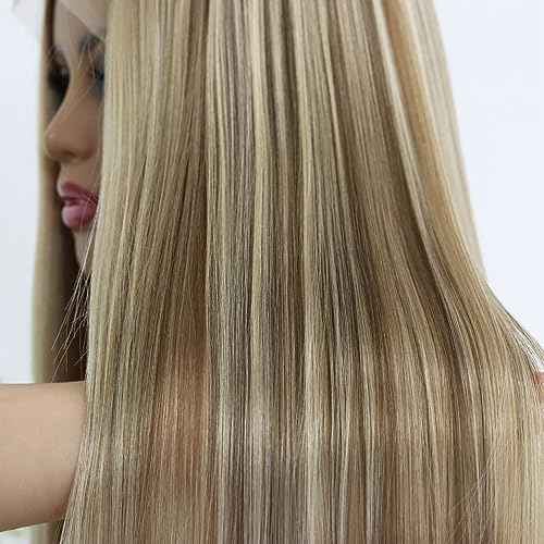 Highlight Honey Blonde Lace Front Wigs for Women Middle Part Glueless Long Straight Ombre Brown Mixed Blonde Synthetic Lace Front Wig for White Women 150 Density 24 Inches