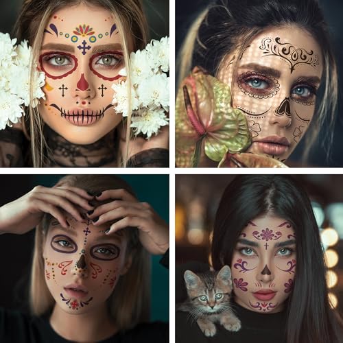 Sugar Skull Face Tattoos 12 Pack Halloween Skeleton Makeup