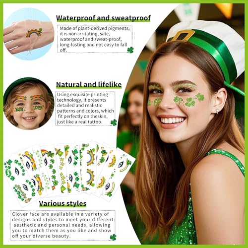 St Patricks Day Temporary Tattoos - Shamrock And Clover Designs for Kids & Adults, St Patty's Day Party Favors With Face Tattoo Stickers Saint Patricks Day Accessories for Gifts