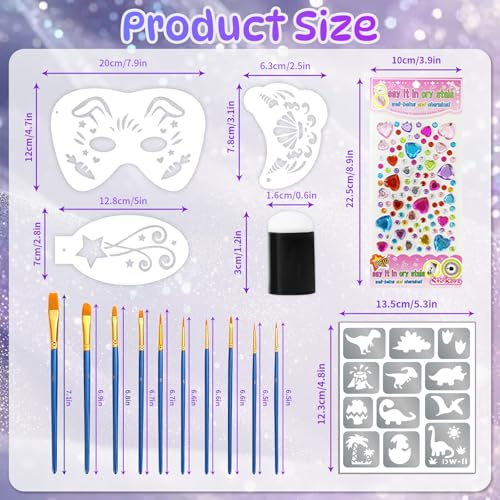 Face Paint Stencils Kit 58 Pieces - 36 Reusable Stencils, 10 Brushes