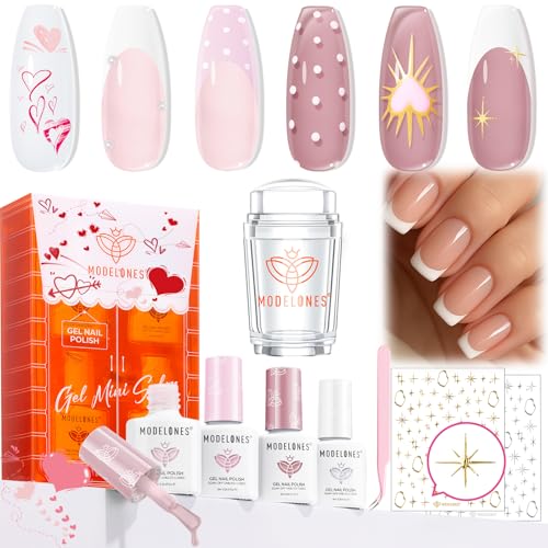 modelones A1-Pink French Tip Gel Nail Polish Set with 4 Colors & Nail Art Tools