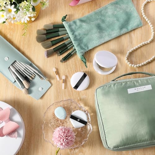 Paterr 28 Pcs Women Travel Makeup Set Makeup Bag with Makeup Brushes Premium Synthetic Brush and Mirror for Women Gift Travel Reusable Cosmetic(Sage Green)