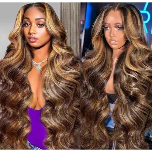 7x5 Highlight Ombre Lace Front Wig Human Hair 200% Density Brown Highlighted Wig Human Hair 26 Inch Highlight wigs human hair glueless wear and go Pre Plucked With Baby Hair Highlight Wig for Women