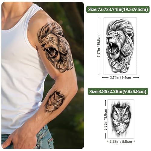 77 Sheets Temporary Tattoos, 17 Sheets Half Arm Wolf Lion Tiger Bear Leopard Eagle Fake Tattoos for Adults Shoulder Neck, 60 Sheets Tiny Animal Temporary Tattoos Realistic for Men Women Boys & Girls