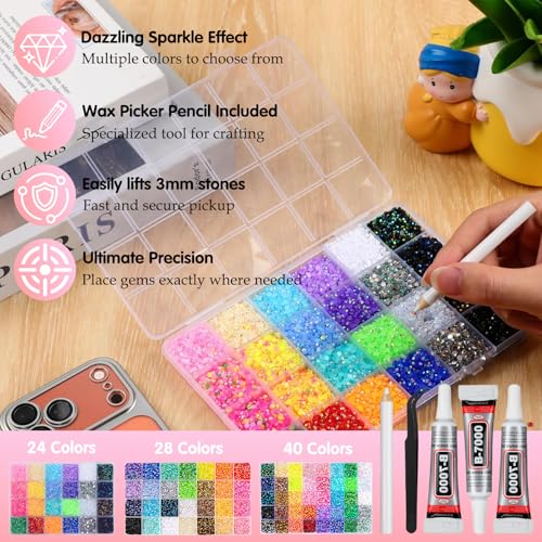 3mm Colorful DIY Resin Rhinestone Kit for Bedazzling, Multicolor Flatback Gems, 3Pcs 10ml B7000 Jewelry Glue for Bedazzled Nail Art Clothing Shoes Nail Book Diamond Art (32000)