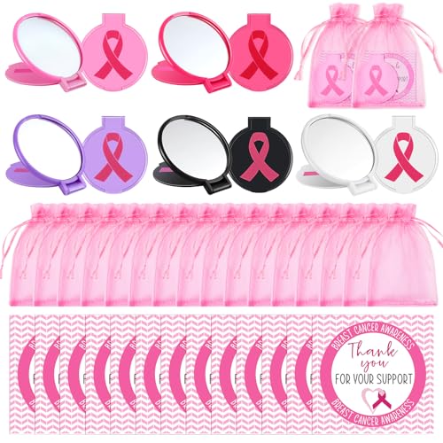 clothmile 50 Sets Breast Cancer Awareness Gifts Include 50 Pink Ribbon Mini Folding Makeup Mirrors 50 Pink Cards 50 OPP Bags for Girls Women Survivor Party Favors Supplies