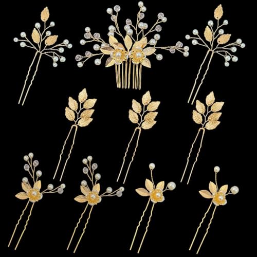 Gold Leaf Bridal Hair Pins with Pearl Rhinestones - 10 Pieces