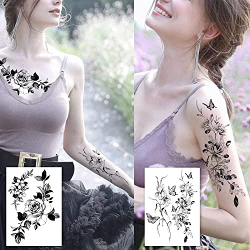 Temporary Tattoo Stickers for Women - 8 Sheets Large Flower