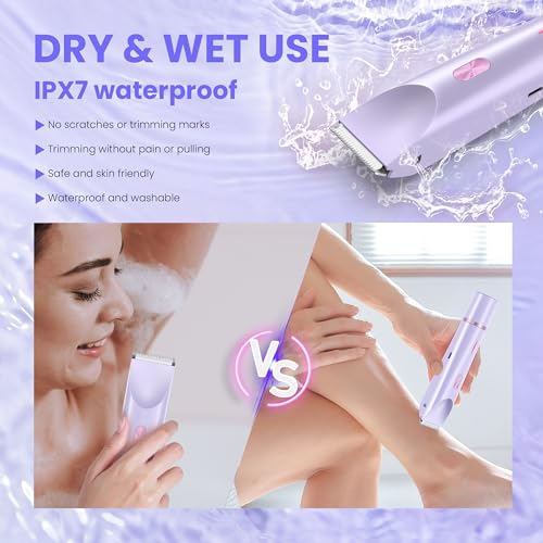 Bikini Trimmer for Women-2 in 1 Dual Head Electric Razors,IPX7 Waterproof Bikini Electric Shaver,Dry & Wet Use Painless Bikini Shaver,Pubic Hair Trimmer for Private Area & Body Hair,Purple