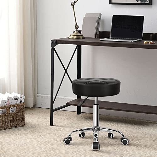 Round Rolling Stool with PU Leather - Adjustable Height