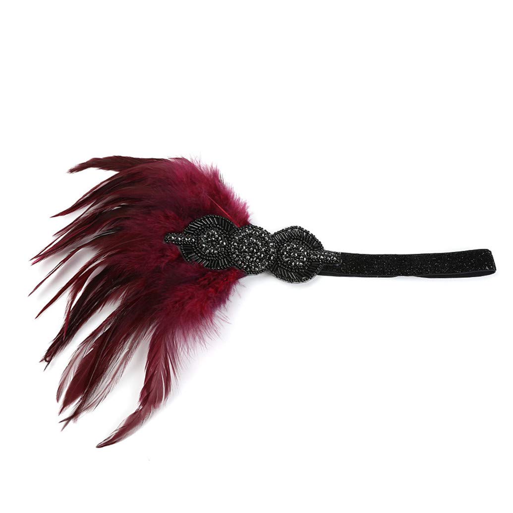 Women's Flapper Feather Headband 1920s Art Deco Roaring 20s Great Gatsby Headpiece Gatsby Costume 22Wine Red