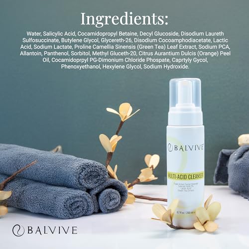 BALVIVE Foaming Facial Cleanser with Salicylic & Glycolic Acid for Acne & Oily Skin 6.7 fl oz
