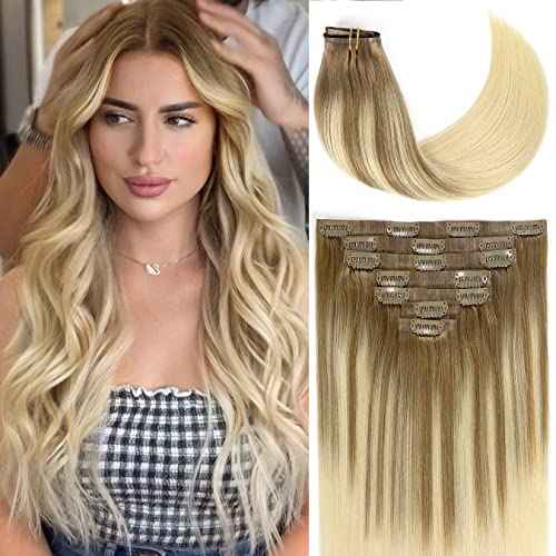 Loxxy Seamless Clip in Extensions Remy Human Hair Thick End Invisible Balayage PU Clip in Skin Weft Hair Extensions Natural Straight 16Inch 110gram 7 PCS Light Brown Fading To Bleach Blonde #B8/60