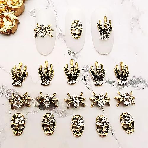 SILPECWEE 60pcs Halloween Nail Charms 3D Flat Back Nail Jewels Retro Skull Spider Skeleton Hand Charms for Nails Design Metal Nail Studs Alloy Nail Art Decoration for Acrylic Nails