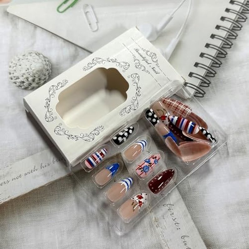 3D Cherry Blueberry Press On Nails - Medium Almond, 24 Pcs