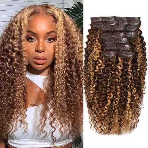 22 Inch Highlight P4/27 Kinky Curly Clip Ins Human Hair 110g 8pcs 20 Clips 3C 4A Curly Clip In Hair Extensions Real Human Hair Brazilian Virgin Hair Full Head for Women P4/27 Color