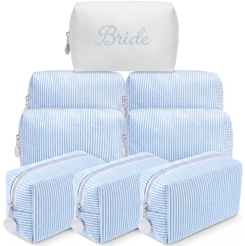 8-Piece Bridesmaid Makeup Bags Set | Seersucker Cosmetic Pouch Bulk