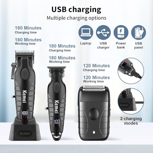 KEMEI Professional Cordless Hair Clippers & Beard Trimmer Set with Foil Shaver