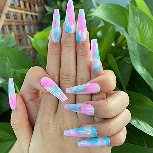 Outyua Glossy Smoke Pattern Fake Nails Coffin Extra Long Press on Nails with Design Ballerina Acrylic Super Long False Nails Designer Full Cover Artificial Nails for Women and Girls 24Pcs (Colorful)