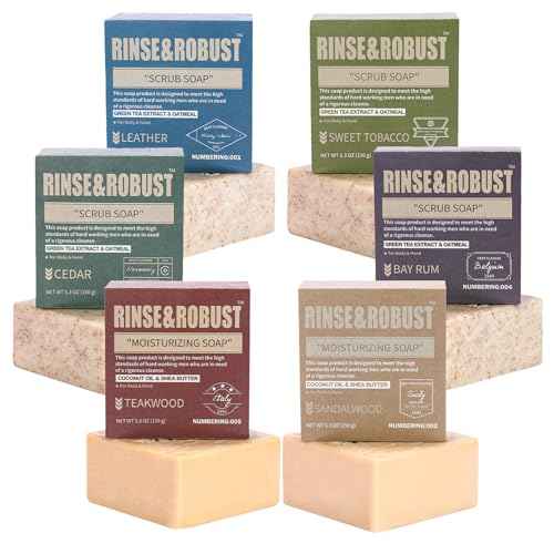 Rinse & Robust Mens Natural Bar Soap 6Pcs Handmade Cleansing Moisturizing&Exfoliating Scrub Soap Set Gifts for Men Body&Hand All Skin Type 6 Different Scents 5.3 oz of 6 Bars