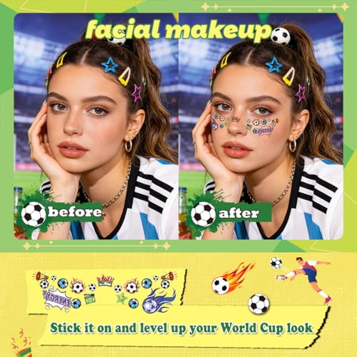 World Cup 2026 Soccer Temporary Face Tattoos, 10 Designs Waterproof