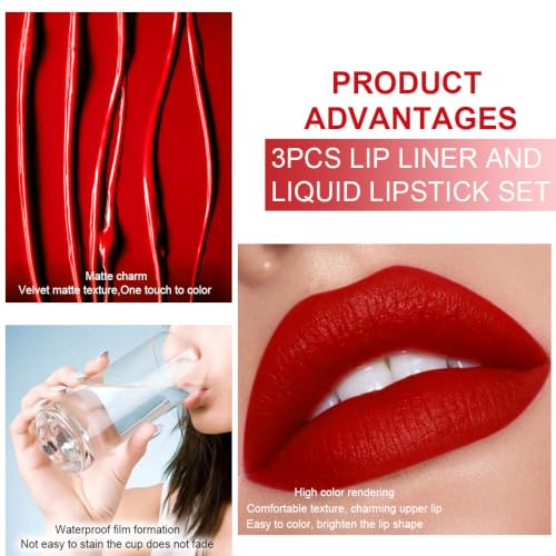 3-Piece Ruby Red Liquid Lipstick & Liner Set - 24HR Waterproof
