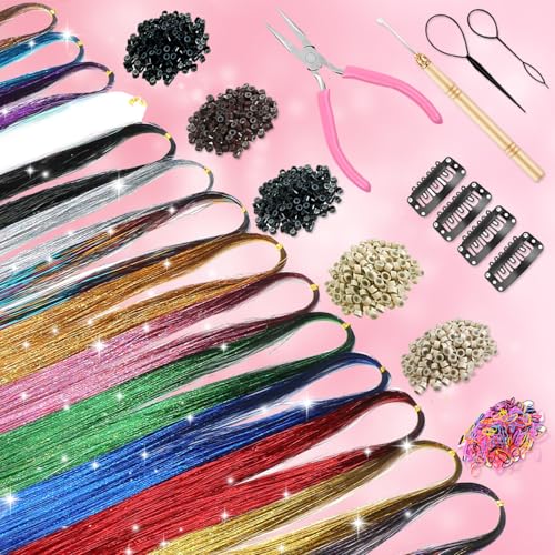 20 Colors Hair Tinsel Kit with Tools - 8000 Strands Heat Resistant Extensions