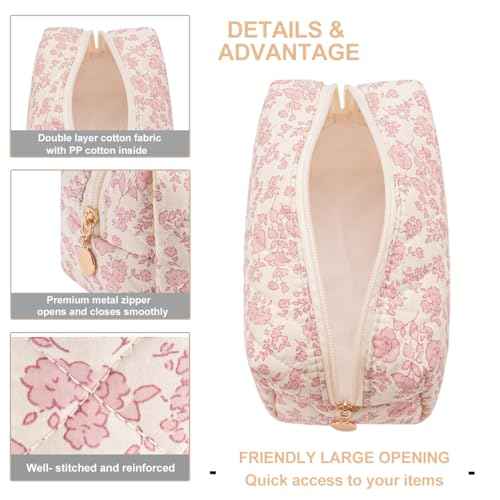 Gleyemor Small Quilted Makeup Bag for Women, Cute Floral Bow Cosmetic Bag, Emergency Bag Travel Toiletry Cotton Pouch Gifts for Girls Her Mom Friend Sister Bridesmaid (Pink Flower)