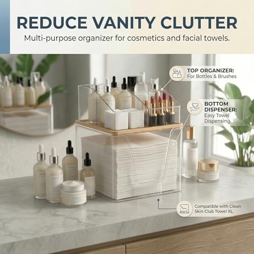 2-Tier Facial Towel Holder with Bamboo Lid & Makeup Organizer