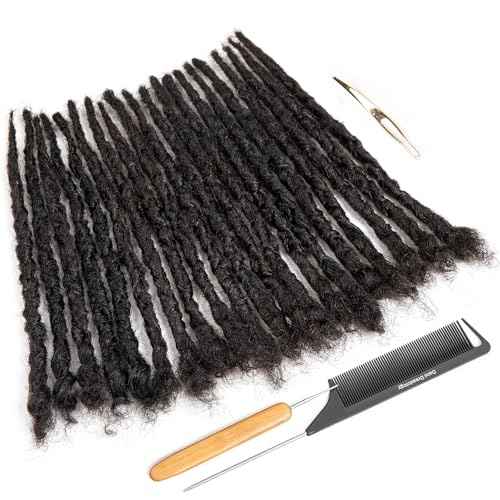 DAIXI Handmade Interlocking Locs 100% Real Human Hair Permanent Loc Extensions Textured Natural Looking Soft Dreadlocks (1B - 0.8cm, 10 Inch 20 Strands)