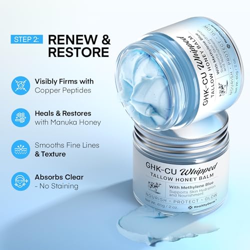 Beef Tallow Balm Duo ? Copper Peptide Blue Balm + Honey Tallow Moisturizer ? Natural Face & Body Care for Dry, Mature & Sensitive Skin ? 4oz Total