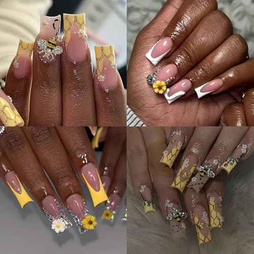 Tiny Bee Nail Art Charms Resin Cartoon Daisy Flower Nail Gems 3D Gold Alloy Bees Jewelry Charms for Nails, Spring Summer Daisy Sunflower Nail Rhinestones for Women DIY Nail Decoration 60Pcs