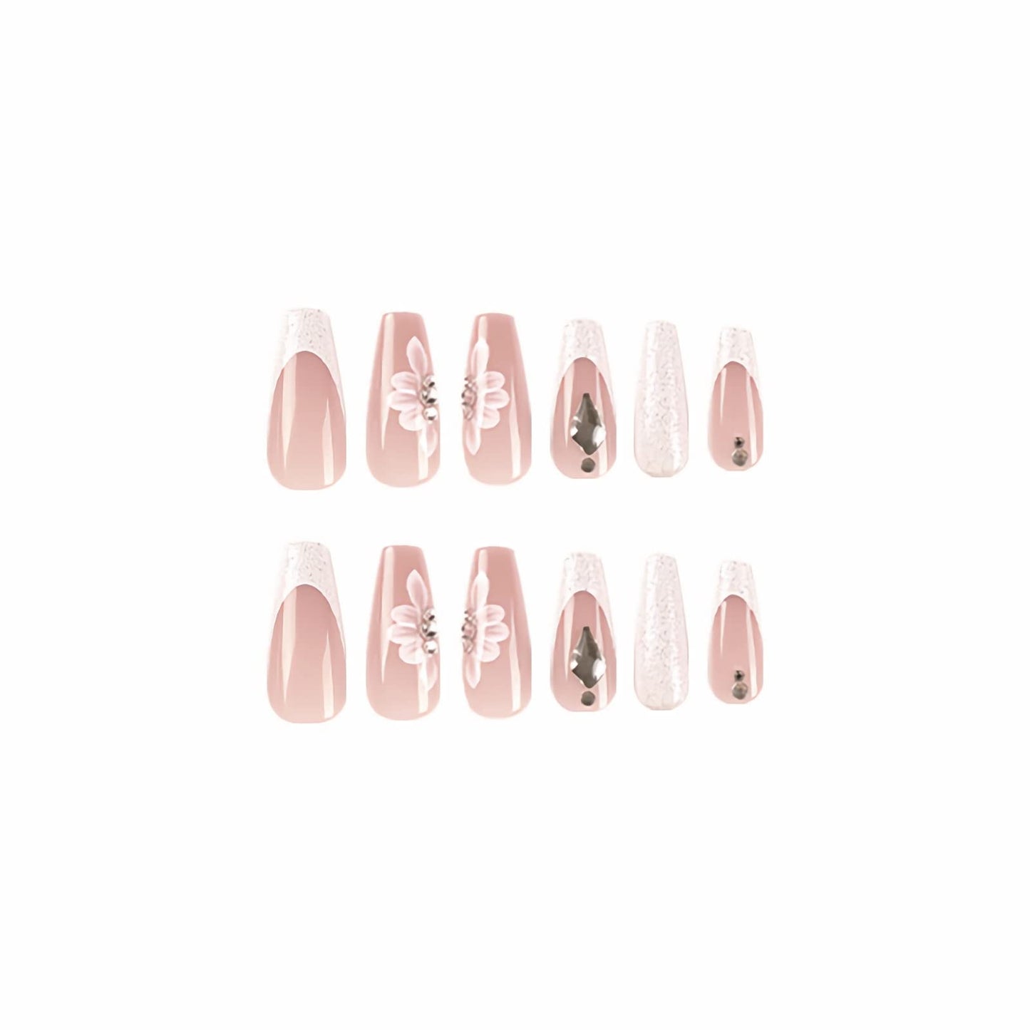 BABALAL Coffin Press on Nails Long Fake Nails White French Tip Glue on Nails Flower Rhinestones Acrylic Nails 24Pcs Shiny False Nails for Women and Girls