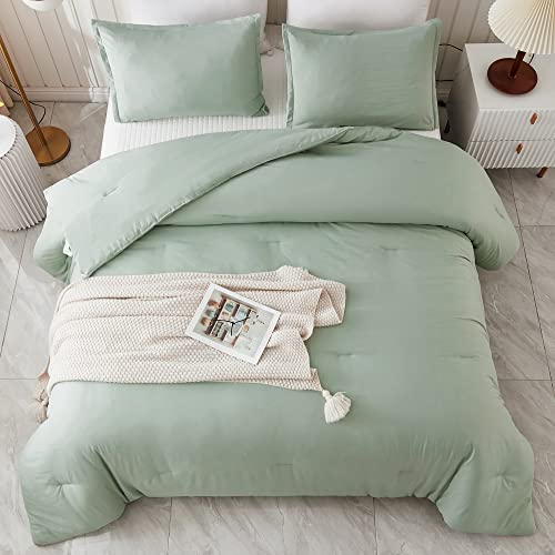 Litanika Queen Comforter Set Sage Green, 3 Pieces Lightweight Solid Bedding Comforters Sets, Double Down Alternative Comforter Bed Set (90x90In Comforter & 2 Pillowcases)