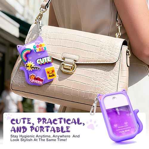 Silicone Case Compatible with Touchland Hand Sanitizer Spray 1 FL OZ/30ML, Portable Cat-Shaped Case with 6 Charms and Keychain, Cute Hand Sanitizer Spray Accessory (1PCS Purple)