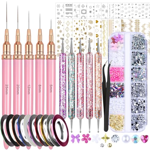 Fandamei 10PC Nail Art Kit with Striping Tape, Stickers & Brushes