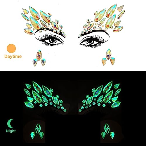 Face Gems 4 Sheet Face Jewels Stick on Rhinestones Stickers Luminous Crystal Face Stickers Gemstones Temporary Tattoo Gifts for Women Carnival Music Festival Party Rave Accessories (Luminous)