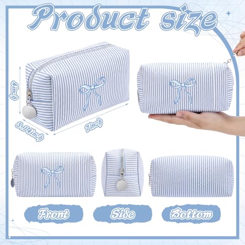 Blue Bow Seersucker Cosmetic Bags Set of 6 - Women's Travel Makeup Pouches