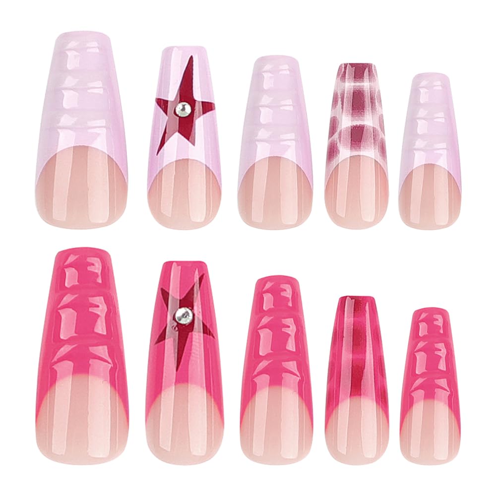 BAOYAALIN Y2K Press on Nails Medium Long Coffin French Fake Glue on Nails with Star Design for Women Girls Full Cover Artificial Acrylic False Stick on Nail for Daily Wear Wedding 24Pcs