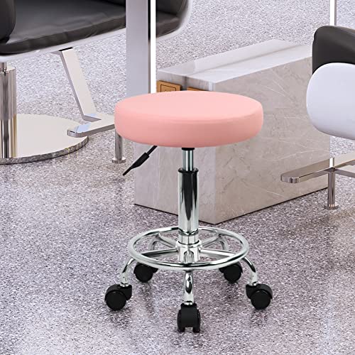 Pink PU Leather Rolling Stool with Footrest & Height Adjustment - Salon & Drafting Chair