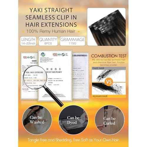 Caliee Yaki Straight Human Hair Clip in Extensions Black Woman Natural Black Mixed Chestnut Brown Yaki Seamless Hair Extensions Clip in Balayage 8 Pcs PU Weft 115G 18 Inch