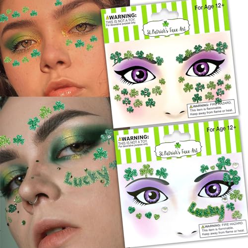 St. Patrick's Day Face Stickers - Green Shamrock Gems 2 Pack