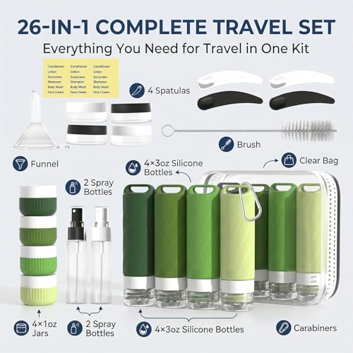 26 Pcs TSA Approved Travel Toiletry Bottles Set - Leakproof Silicone Containers with Clear Bag