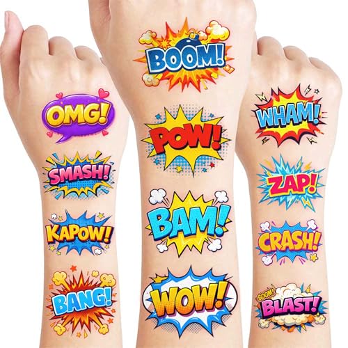 96 PCS Comic Temporary Tattoos for Kids | Pre-Cut Boom Wow Pow
