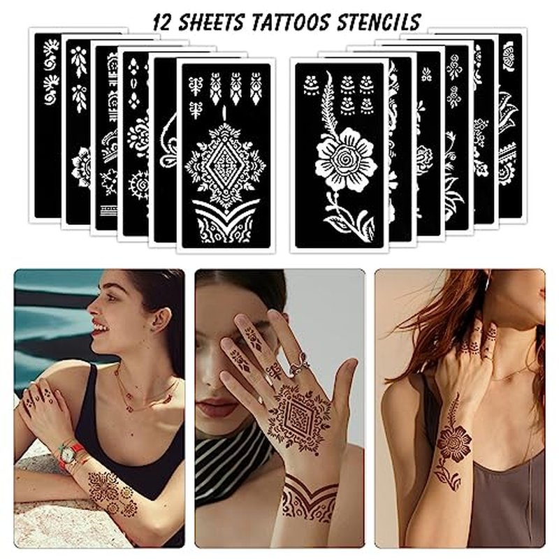 12 Sheet Henna Tattoo Stencil Kit for Hands - Kids & Adults