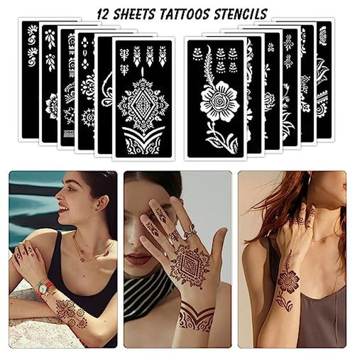12 Sheet Henna Tattoo Stencil Kit for Hands - Kids & Adults