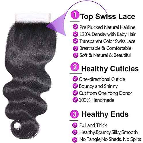 Body Wave Bundles with Closure Human Hair (14 16 18+14) Human Hair 3 Bundles with 4x4 HD Lace Closure Free Part 12A Grade 100% Unprocessed Virgin Hair Body Wave Bundles Natural Black Color